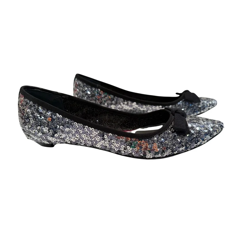 Beverly Feldman Sequin Bow Flats Womens Silver Black‎ Sparkle Pointed Toe Glam